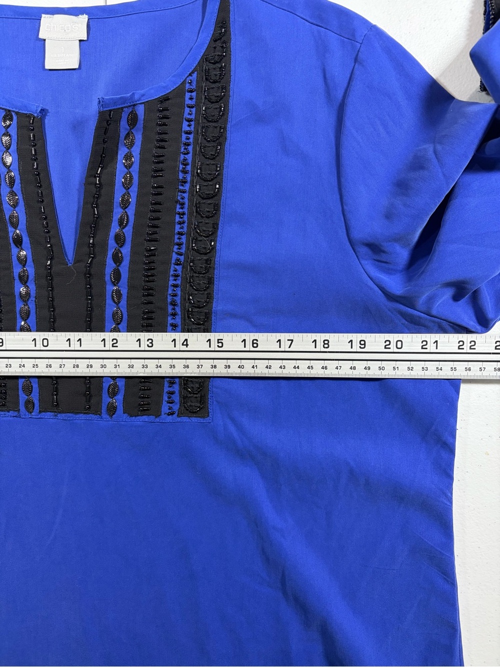 Chico's Cobalt Blue Beaded V-Notch Blouse (1) - Picture 7 of 12